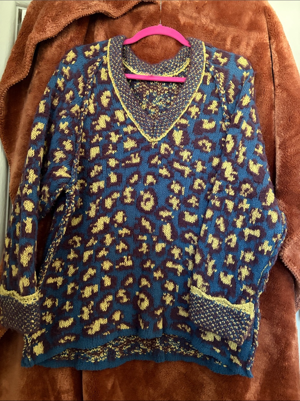 Free People Multicolor Leopard V-Neck Knit Sweater - Teal, Mustard, Burgundy